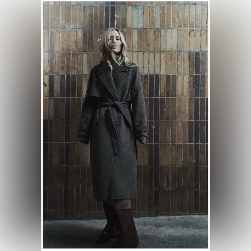 Zara ZARA BELTED WOOL BLEND COAT BLACK/GREY SZ M